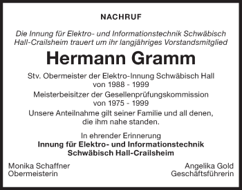 Traueranzeige von Hermann Gramm von Haller Tagblatt