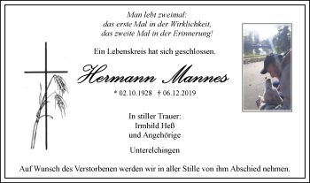 Traueranzeige von Hermann Mannes von SÜDWEST PRESSE Ausgabe Ulm/Neu-Ulm