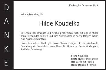 Traueranzeige von Hilde Koudelka von Geislinger Zeitung