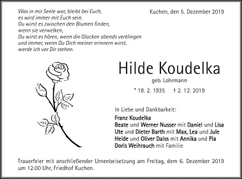 Traueranzeige von Hilde Koudelka von Geislinger Zeitung