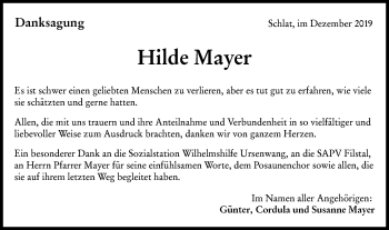 Traueranzeige von Hilde Mayer von NWZ Neue Württembergische Zeitung