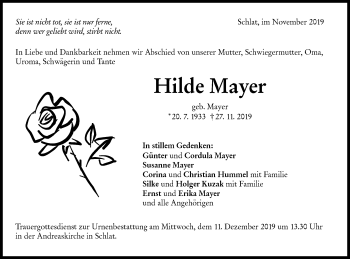 Traueranzeige von Hilde Mayer von NWZ Neue Württembergische Zeitung