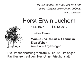 Traueranzeige von Horst Erwin Juchem von SÜDWEST PRESSE Ausgabe Ulm/Neu-Ulm