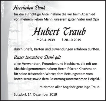 Traueranzeige von Hubert Traub von Haller Tagblatt