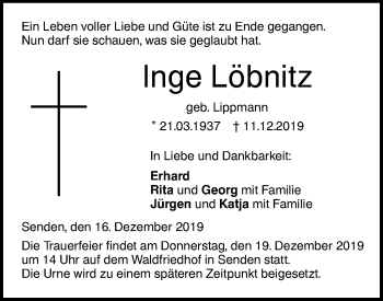 Traueranzeige von Inge Löbnitz von SÜDWEST PRESSE Ausgabe Ulm/Neu-Ulm