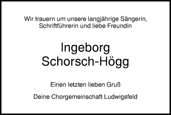 Traueranzeige von Ingeborg Schorsch-Högg von SÜDWEST PRESSE Ausgabe Ulm/Neu-Ulm