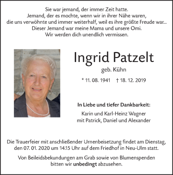 Traueranzeige von Ingrid Patzelt von SÜDWEST PRESSE Ausgabe Ulm/Neu-Ulm