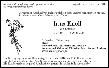 Traueranzeige von Irma Knöll von Hohenloher Tagblatt