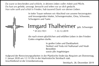 Traueranzeige von Irmgard Thalheimer von Haller Tagblatt