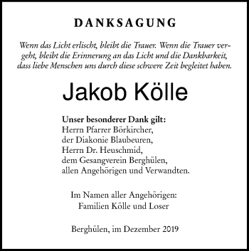 Traueranzeige von Jakob Kölle von SÜDWEST PRESSE