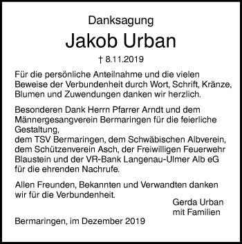 Traueranzeige von Jakob Urban von SÜDWEST PRESSE Ausgabe Ulm/Neu-Ulm