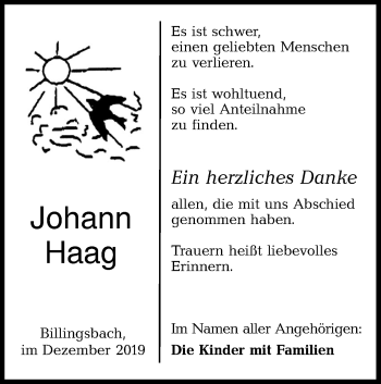 Traueranzeige von Johann Haag von Hohenloher Tagblatt