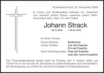 Traueranzeige von Johann Strack von Haller Tagblatt