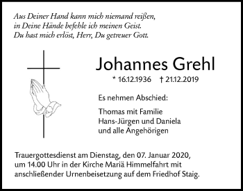 Traueranzeige von Johannes Grehl von SÜDWEST PRESSE Ausgabe Ulm/Neu-Ulm