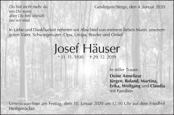 Traueranzeige von Josef Häuser von Geislinger Zeitung