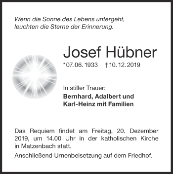 Traueranzeige von Josef Hübner von Hohenloher Tagblatt