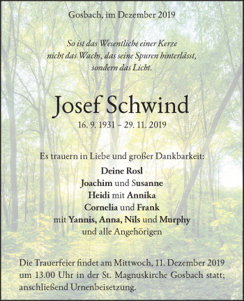 Traueranzeige von Josef Schwind von Geislinger Zeitung