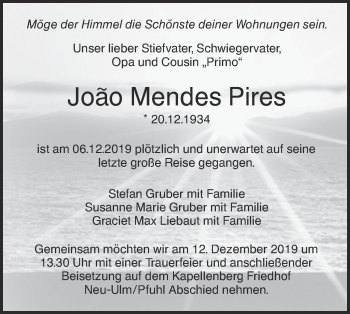 Traueranzeige von Joäo Mendes Pires von SÜDWEST PRESSE Ausgabe Ulm/Neu-Ulm