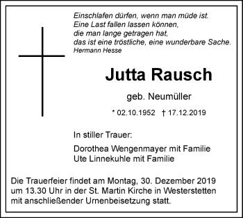 Traueranzeige von Jutta Rausch von SÜDWEST PRESSE Ausgabe Ulm/Neu-Ulm