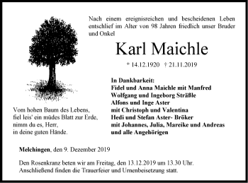 Traueranzeige von Karl Maichle von Hohenzollerische Zeitung