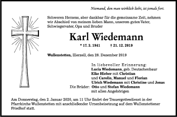 Traueranzeige von Karl Wiedemann von SÜDWEST PRESSE Ausgabe Ulm/Neu-Ulm