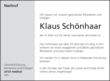 Traueranzeige von Klaus Schönhaar von SÜDWEST PRESSE Ausgabe Ulm/Neu-Ulm