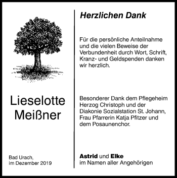 Traueranzeige von Lieselotte Meißner von Alb-Bote/Metzinger-Uracher Volksblatt