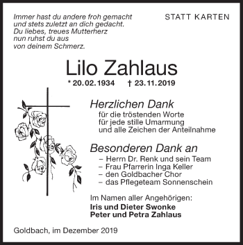 Traueranzeige von Lilo Zahlaus von Hohenloher Tagblatt