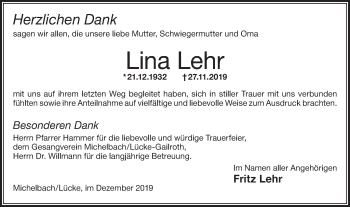 Traueranzeige von Lina Lehr von Hohenloher Tagblatt