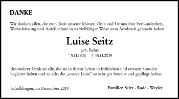 Traueranzeige von Luise Seitz von SÜDWEST PRESSE