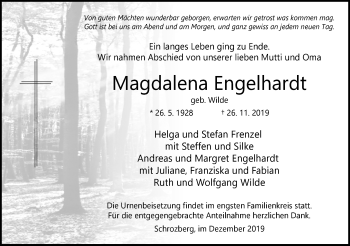 Traueranzeige von Magdalena Engelhardt von Hohenloher Tagblatt