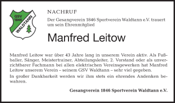 Traueranzeige von Manfred Leitow von Hohenloher Tagblatt