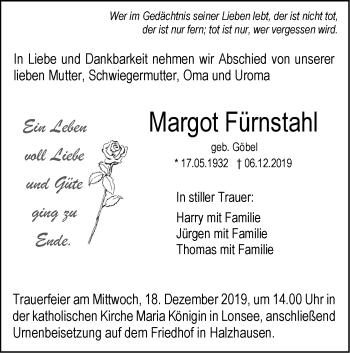 Traueranzeige von Margot Fürnstahl von SÜDWEST PRESSE Ausgabe Ulm/Neu-Ulm