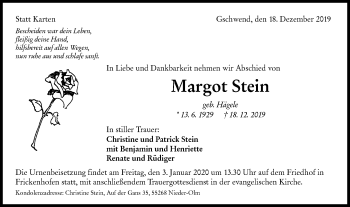 Traueranzeige von Margot Stein von Haller Tagblatt