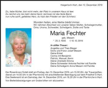 Traueranzeige von Maria Fechter von Hohenzollerische Zeitung