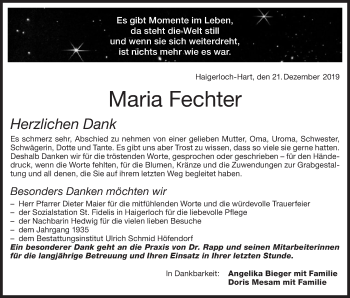 Traueranzeige von Maria Fechter von Hohenzollerische Zeitung