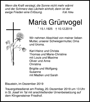 Traueranzeige von Maria Grünvogel von SÜDWEST PRESSE Ausgabe Ulm/Neu-Ulm