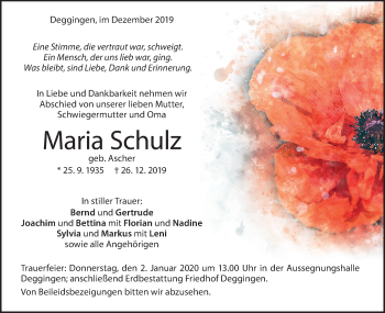 Traueranzeige von Maria Schulz von Geislinger Zeitung