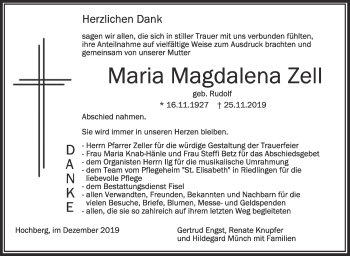 Traueranzeige von Maria Magdalena Zell von Alb-Bote/Metzinger-Uracher Volksblatt