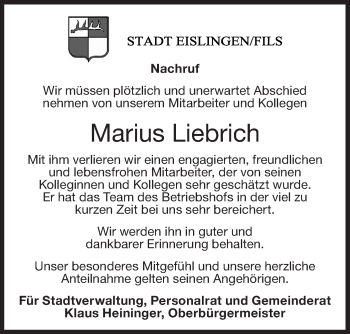 Traueranzeige von Marius Liebrich von NWZ Neue Württembergische Zeitung