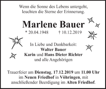 Traueranzeige von Marlene Bauer von SÜDWEST PRESSE Ausgabe Ulm/Neu-Ulm