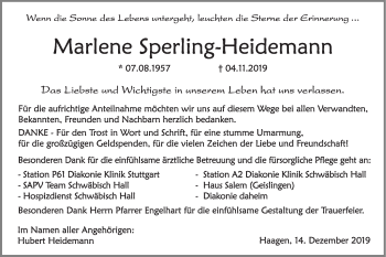 Traueranzeige von Marlene Sperling-Heidemann von Haller Tagblatt