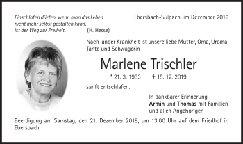 Traueranzeige von Marlene Trischler von NWZ Neue Württembergische Zeitung