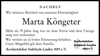 Traueranzeige von Marta Köngeter von Rundschau Gaildorf