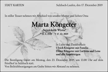 Traueranzeige von Marta Köngeter von Rundschau Gaildorf