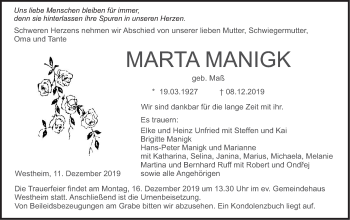 Traueranzeige von Marta Manigk von Haller Tagblatt