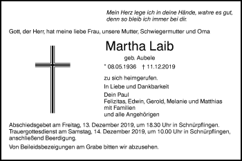 Traueranzeige von Martha Laib von SÜDWEST PRESSE Ausgabe Ulm/Neu-Ulm