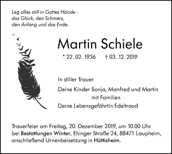 Traueranzeige von Martin Schiele von SÜDWEST PRESSE Ausgabe Ulm/Neu-Ulm