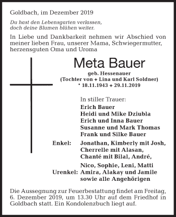 Traueranzeige von Meta Bauer von Hohenloher Tagblatt