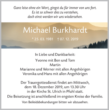 Traueranzeige von Michael Burkhardt von SÜDWEST PRESSE Ausgabe Ulm/Neu-Ulm